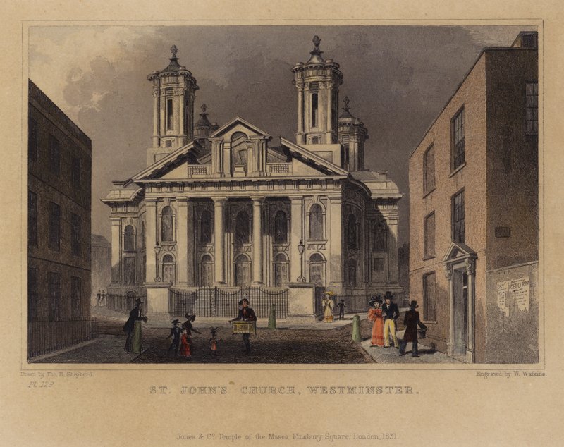 St John Kilisesi, Westminster, Londra (renkli gravür) by English School