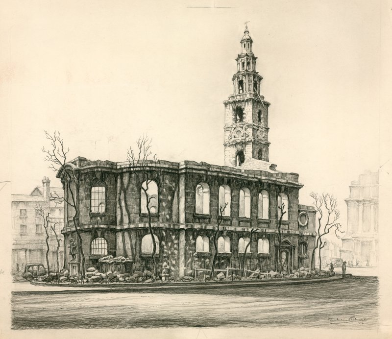 St Mary-Le-Strand, Londra, 1942 tarihli karakalem eskiz by English School