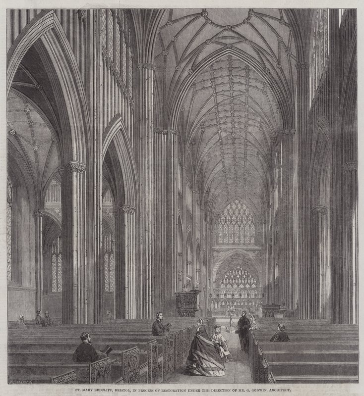 St Mary Redcliffe, Bristol, Bay G Godwin, Mimar (gravür) Yönetiminde Restorasyon Sürecinde by English School