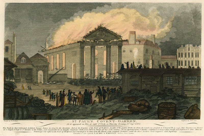 St Pauls, Covent Garden, Londra, 17 Eylül 1795 akşamı yandığında by English School