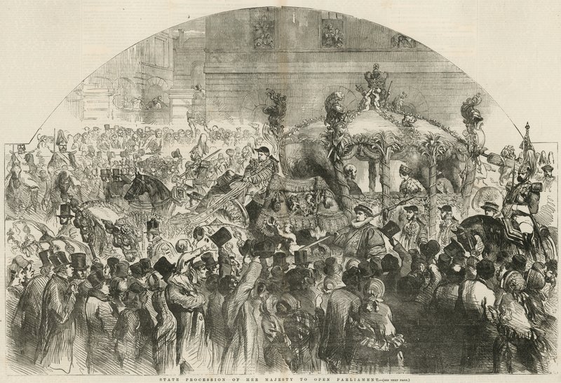 Majestelerinin Parlamentoyu açmak için devlet alayı by English School