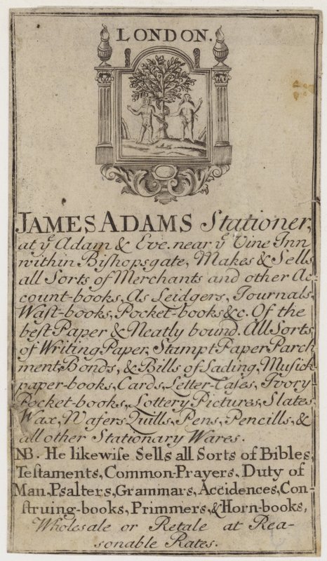 Kırtasiyeciler, James Adams, ticaret kartı by English School