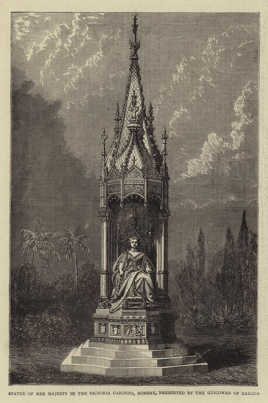 Baroda Guicowar tarafından sunulan Victoria Bahçeleri, Bombay, Majestelerinin Heykeli (gravür) by English School