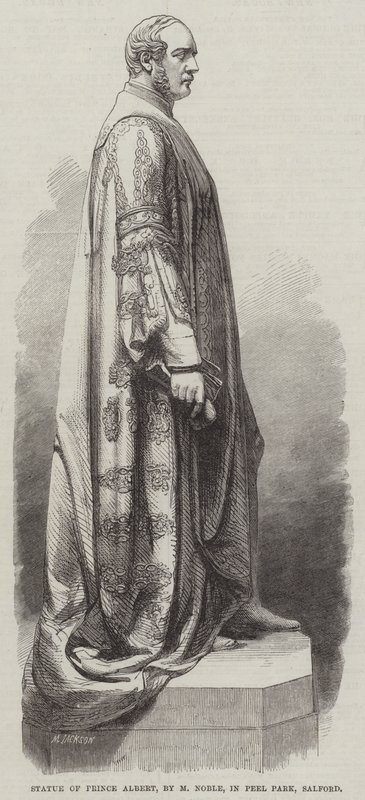 Prens Albert heykeli, M Noble tarafından, Peel Park, Salford (gravür) by English School