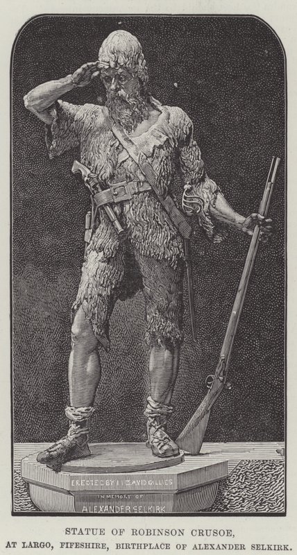 Robinson Crusoe heykeli, Largo, Fifeshire, Alexander Selkirk'in doğum yeri (gravür) by English School