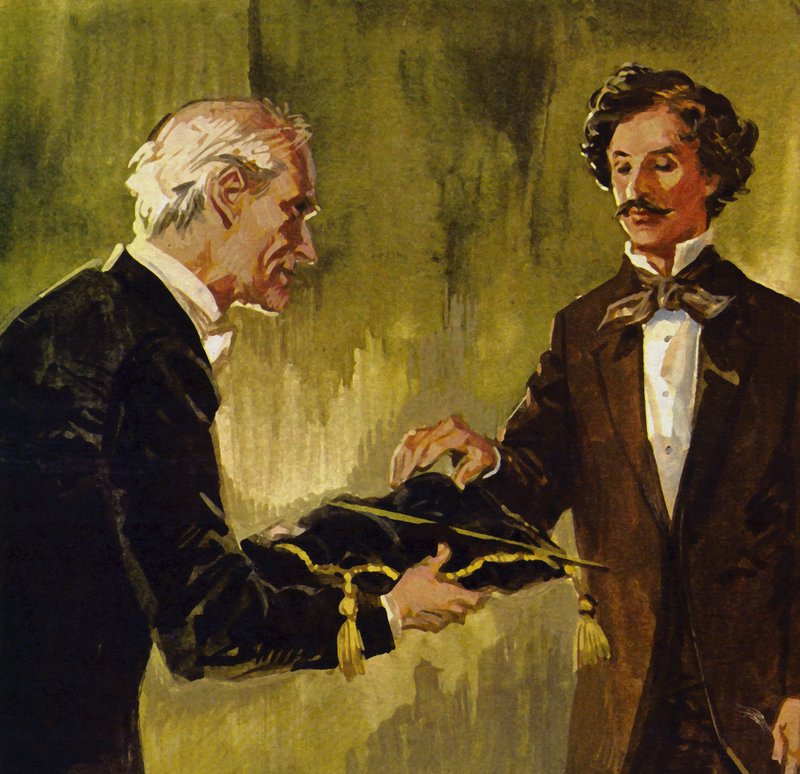 Strauss'a orkestrasının baş kemancısı tarafından babalarının değneği hediye edildi. by English School