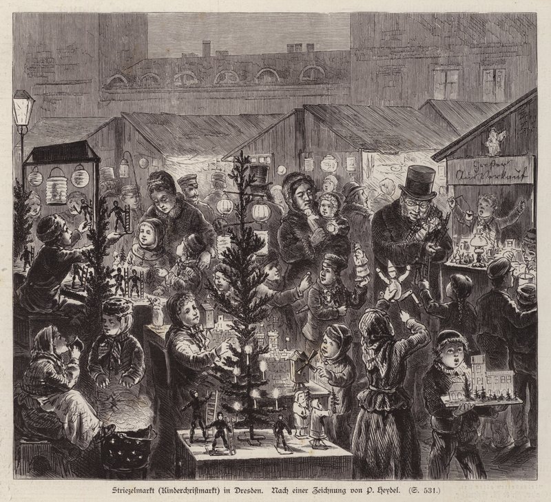 Striezelmarkt Noel pazarı, Dresden, Almanya (gravür) by English School