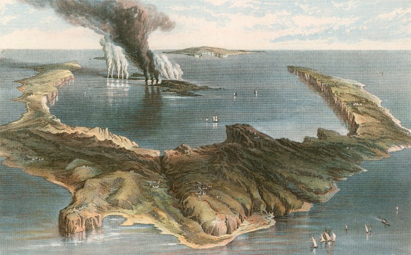 Denizaltı yanardağı - 1866 patlaması sırasında Santorini adası by English School