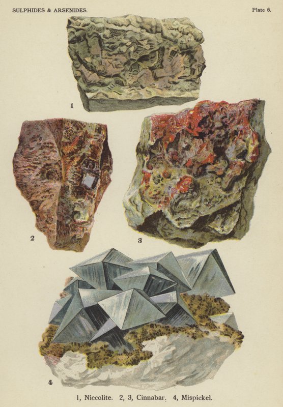 Sülfürler ve arsenitler, nikolit, zinober, mispikel (renkli taş) by English School
