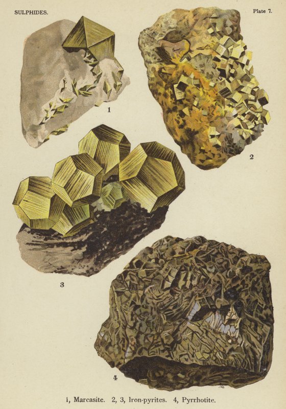 Sülfitler, markazit, demir-piritler, pirotit (renkli lito) by English School