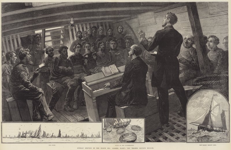 Kuzey Denizi Balıkçılık Filosunda Pazar Ayini, Thames Kilisesi Misyonu (gravür) by English School
