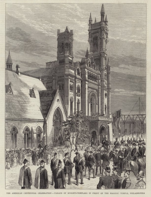 Amerikan Yüzüncü Yıl Kutlaması, Masonik Tapınağın Önünde Tapınak Şövalyeleri Geçidi, Philadelphia (gravür) by English School