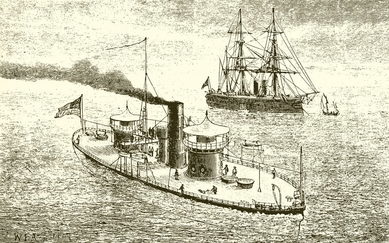 Amerikan ikiz kuleli savaş gemisi Miantonoma ve Ironclad by English School