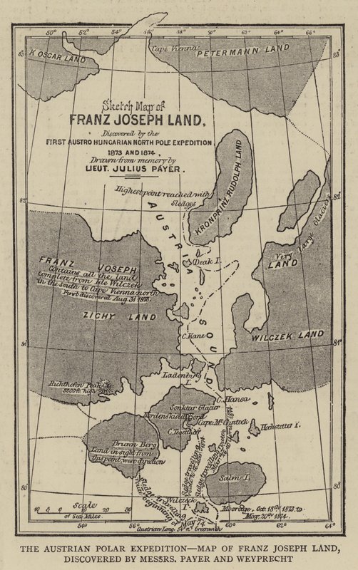 Avusturya Kutup Seferi, Franz Joseph Land Haritası, Messers Payer ve Weyprecht tarafından keşfedildi (gravür) by English School