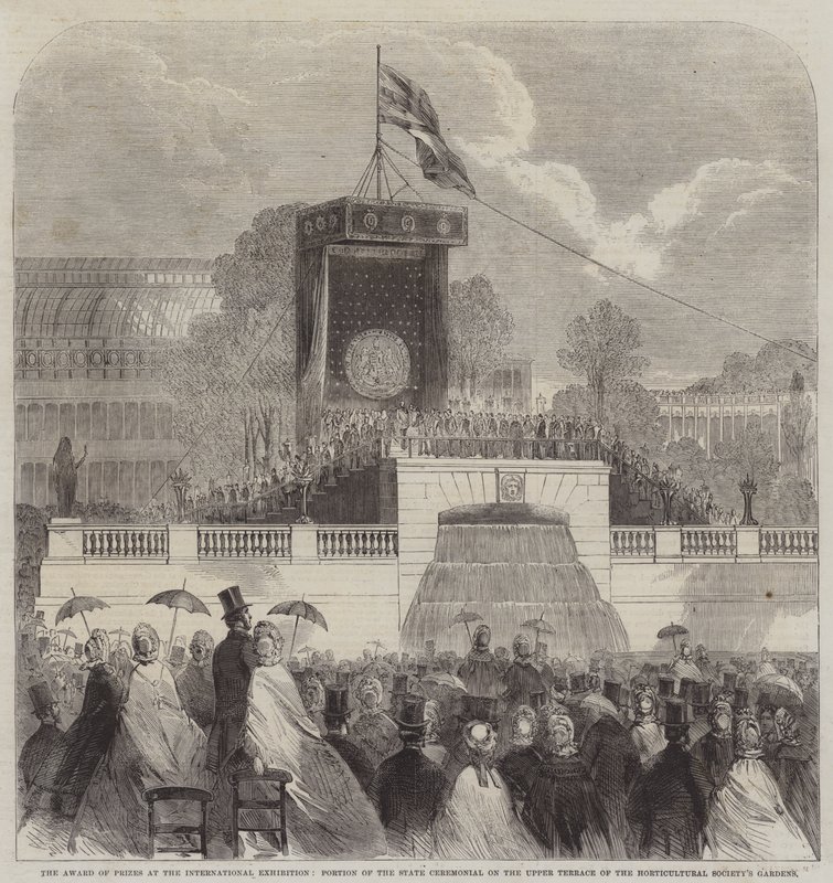 Uluslararası Sergide Ödül Ödülü, Devlet Töreninin Bahçe Bitkileri Derneği Bahçelerinin Üst Terasında Bir Kısmı (gravür) by English School