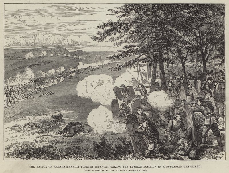 Karahassankoi Muharebesi, Bulgar Mezarlığında Rus Pozisyonunu Alan Türk Piyade (gravür) by English School