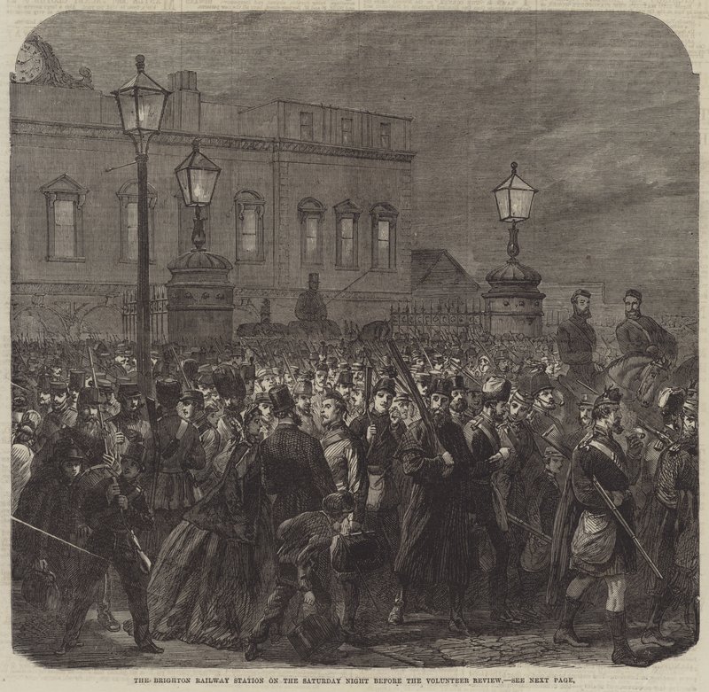 Gönüllü İncelemeden önceki Cumartesi Gecesi Brighton Tren İstasyonu (gravür) by English School