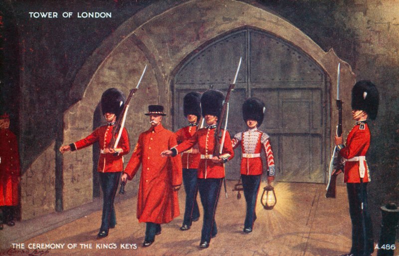 Kralın Anahtarları Töreni, Londra Kulesi (renkli taş baskı) by English School