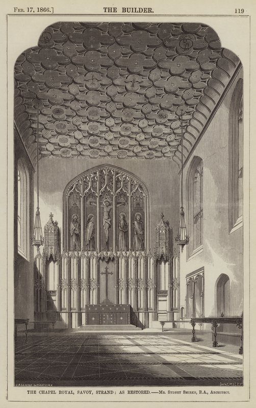 Chapel Royal, Savoy, Strand, restore edilmiş, Bay Sydney Smirke, RA, Mimar (gravür) by English School