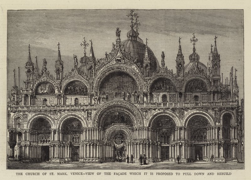St Mark Kilisesi, Venedik, Yıkılıp yeniden inşa edilmesi önerilen cephenin görünümü (gravür) by English School