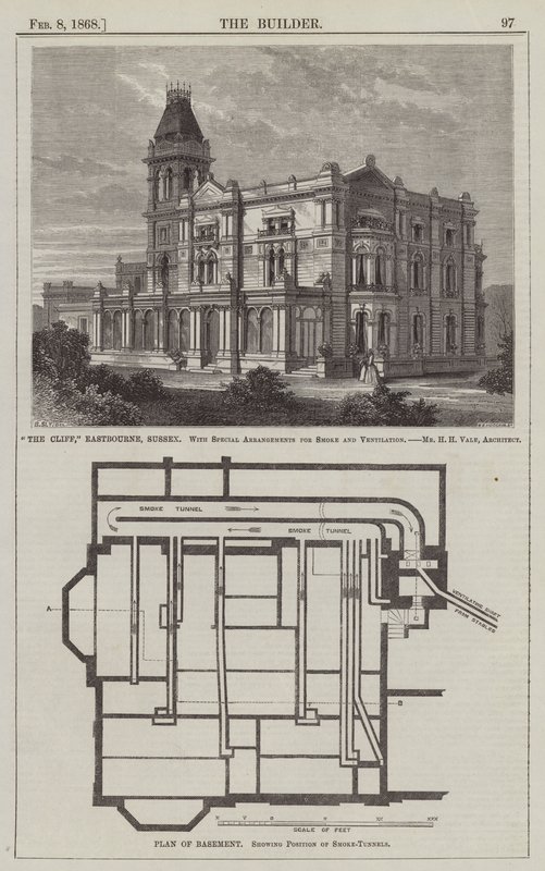 "The Cliff," Eastbourne, Sussex, Duman ve Havalandırma için Özel Düzenlemelerle, Bay HH Vale, Mimar (gravür) by English School