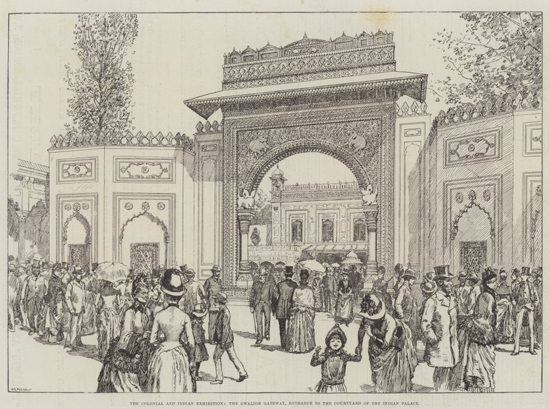 Sömürge ve Kızılderili Sergisi, Gwalior Geçidi, Hint Sarayının Avlusuna Giriş (gravür) by English School