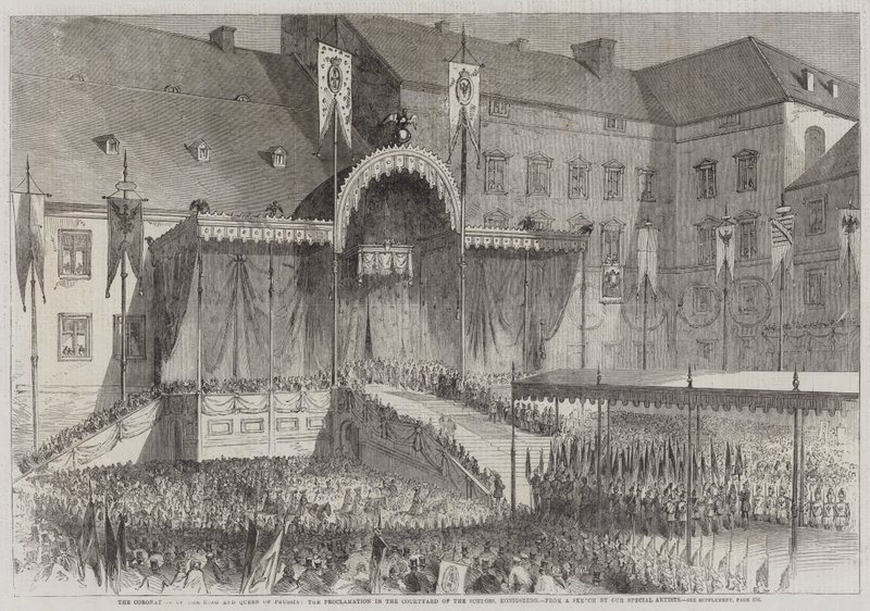 Prusya Kralı ve Kraliçesinin taç giyme töreni, Schloss Avlusunda Bildiri, Königsberg (gravür) by English School