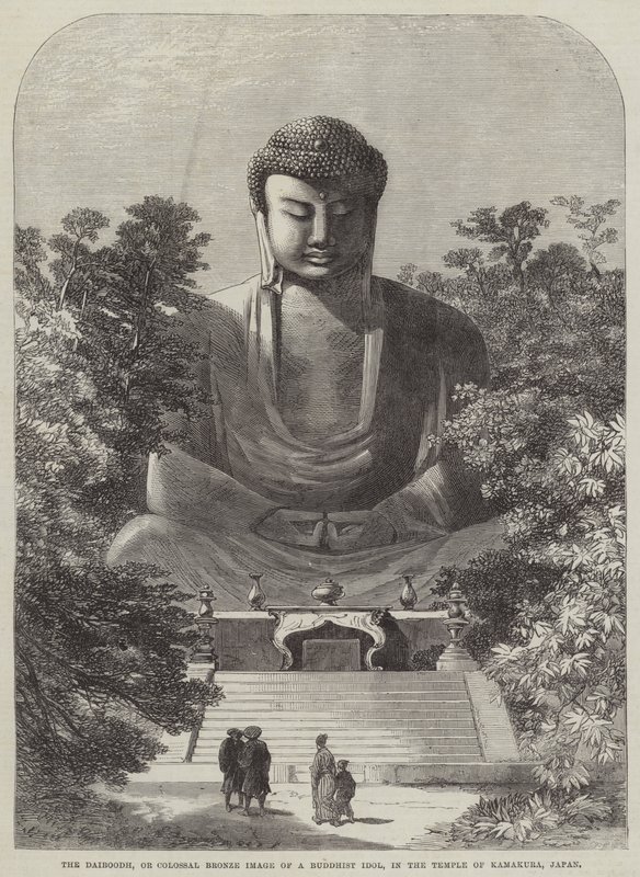 Daiboodh veya Bir Budist Idolün Devasa Bronz Görüntüsü, Kamakura Tapınağı, Japonya (gravür) by English School