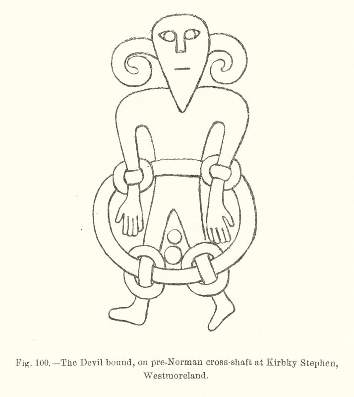 Şeytan bağlı, Norman öncesi çapraz şaft üzerinde Kirkby Stephen, Westmorland (gravür) by English School