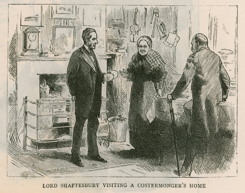 Shaftesbury Kontu; Lord Shaftesbury bir maliyet satıcısının evini ziyaret ediyor by English School
