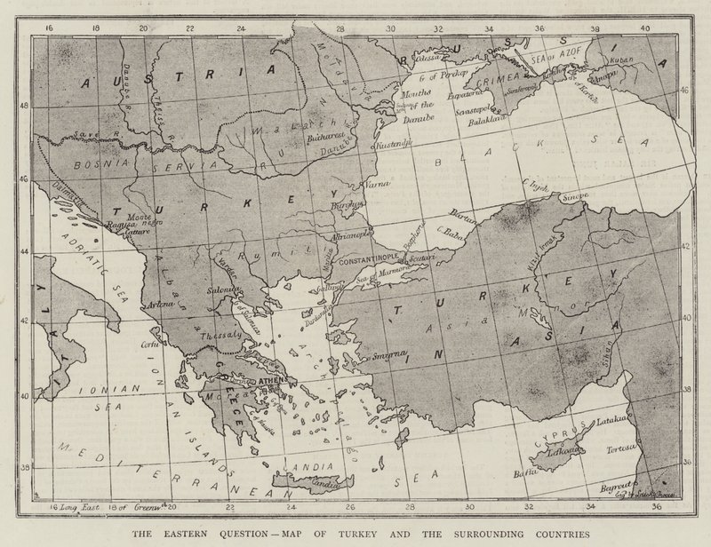 Doğu Sorunu, Türkiye ve Çevre Ülkeler Haritası (gravür) by English School