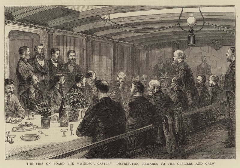 "Windsor Kalesi" Gemisinde Yangın, Subaylara ve Mürettebata Ödüller dağıtıyor (gravür) by English School