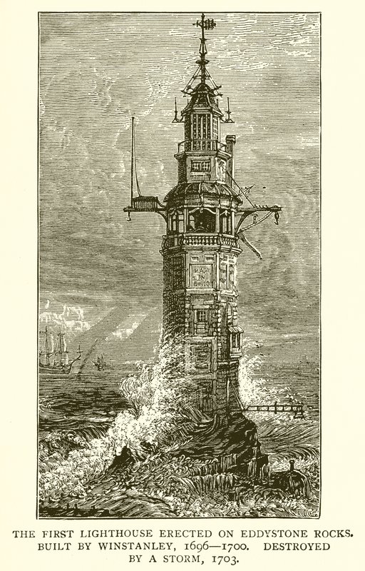 Eddystone Kayalarına Dikilen İlk Deniz Feneri. Winstanley tarafından inşa edildi, 1696-1700, Fırtına Tarafından Yok Edildi, 1703 by English School