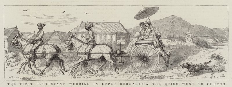 Yukarı Burma'daki İlk Protestan Düğünü, Gelinin Kiliseye Nasıl Gittiği (gravür) by English School