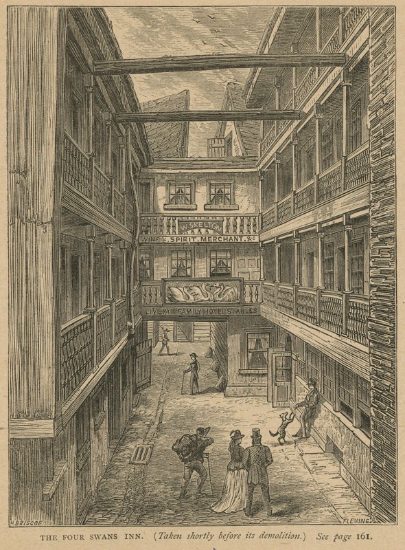 The Four Swans Inn, yıkımından kısa bir süre önce çekilmiş. by English School