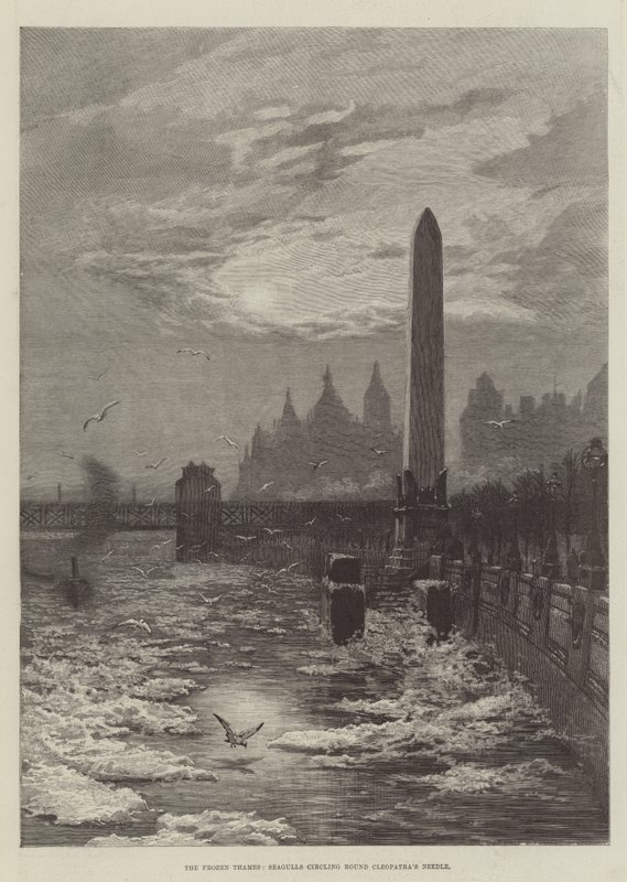 Donmuş Thames, Kleopatra'nın İğnesinin etrafında dönen martılar (gravür) by English School