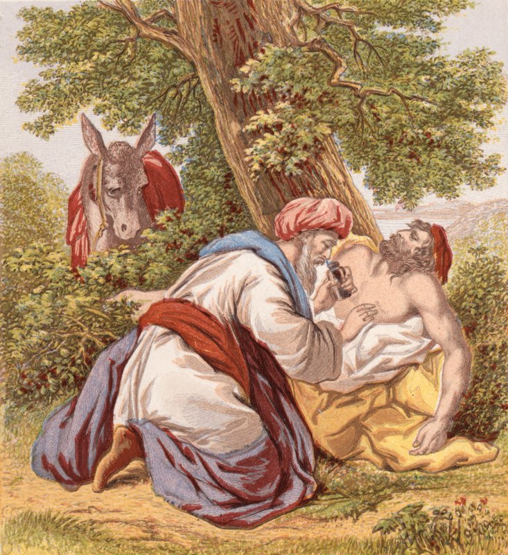 The Good Samaritan (renkli gravür) by English School