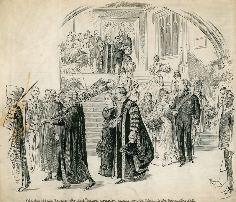 Guildhall, Londra, Ziyafet: Kütüphaneden Ziyafet Salonuna geçen Lord Mayors alayı by English School