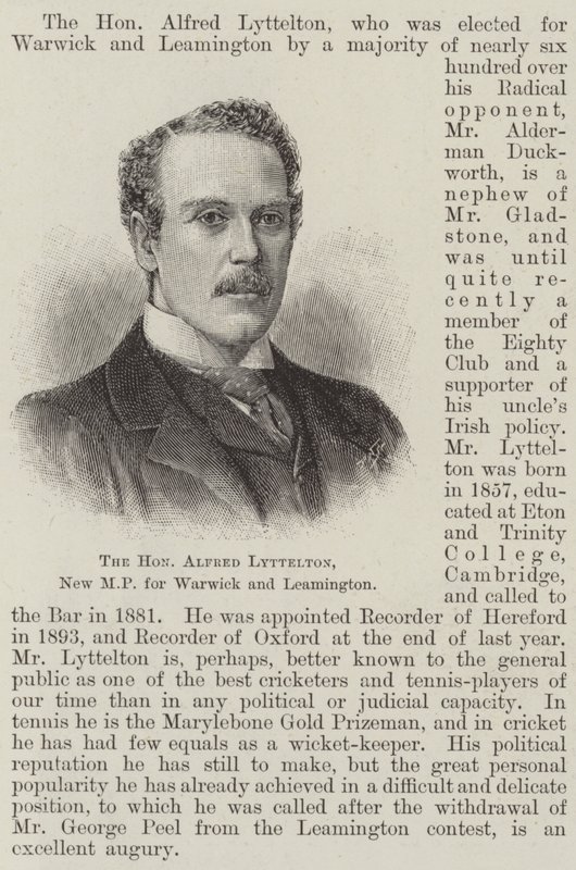 Saygıdeğer Alfred Lyttelton, Warwick ve Leamington için Yeni Milletvekili (gravür) by English School