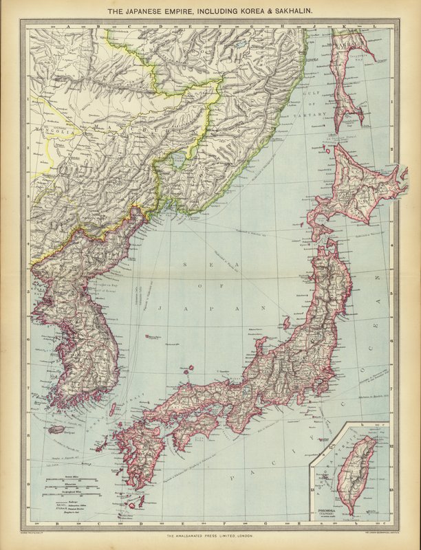 Kore ve Sahalin dahil olmak üzere Japon İmparatorluğu (renkli taş) by English School