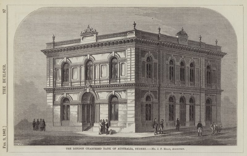 The London Chartered Bank of Australia, Sidney, Bay JF Hilly, Mimar (gravür) by English School