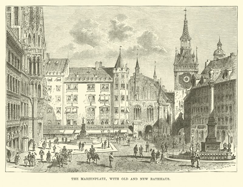 Marienplatz, eski ve yeni Rathaus ile by English School