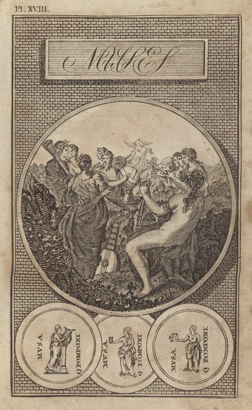 İlham perileri, antik Yunan ve Roma edebiyat, bilim ve sanat tanrıçaları (gravür) by English School