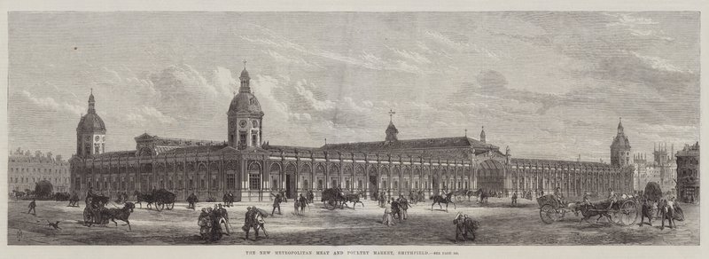 Yeni Metropolitan Et ve Kümes Hayvanları Pazarı, Smithfield (gravür) by English School