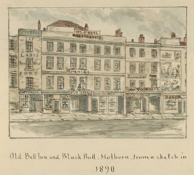 The Old Bell Inn ve Black Bull, Holborn, Londra (kağıt üzerinde wc) by English School