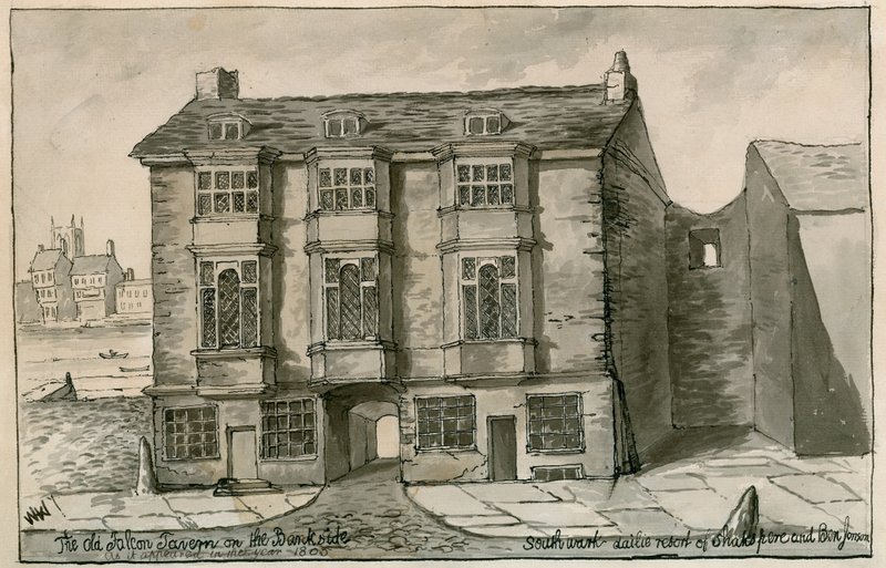 1805 yılında göründüğü şekliyle Banka tarafında Old Falcon Tavern by English School