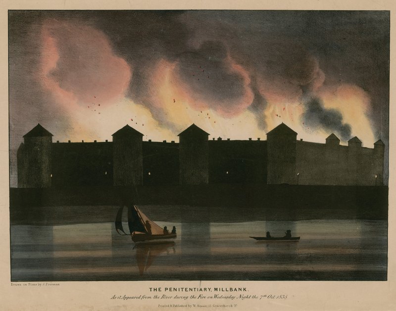Hapishane, Millbank, Londra, 7 Ekim 1835 gecesi yangın sırasında nehirden göründüğü gibi by English School