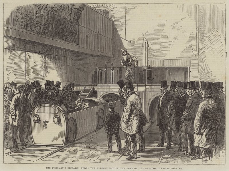 Pnömatik Sevk Tüpü, Açılış Günü Tüpün Holborn Sonu (gravür) by English School