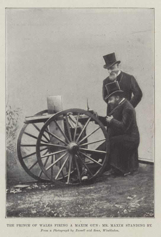 Galler Prensi bir Maxim Gun ateşliyor, Bay Maxim bekliyor (gravür) by English School
