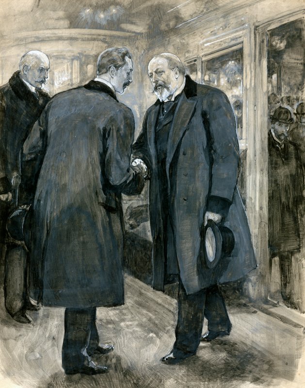 Galler Prensi Alman İmparatorunu selamlarken, Charing Cross İstasyonu, 20 Ocak 1901 (kağıt üzerinde wc) by English School